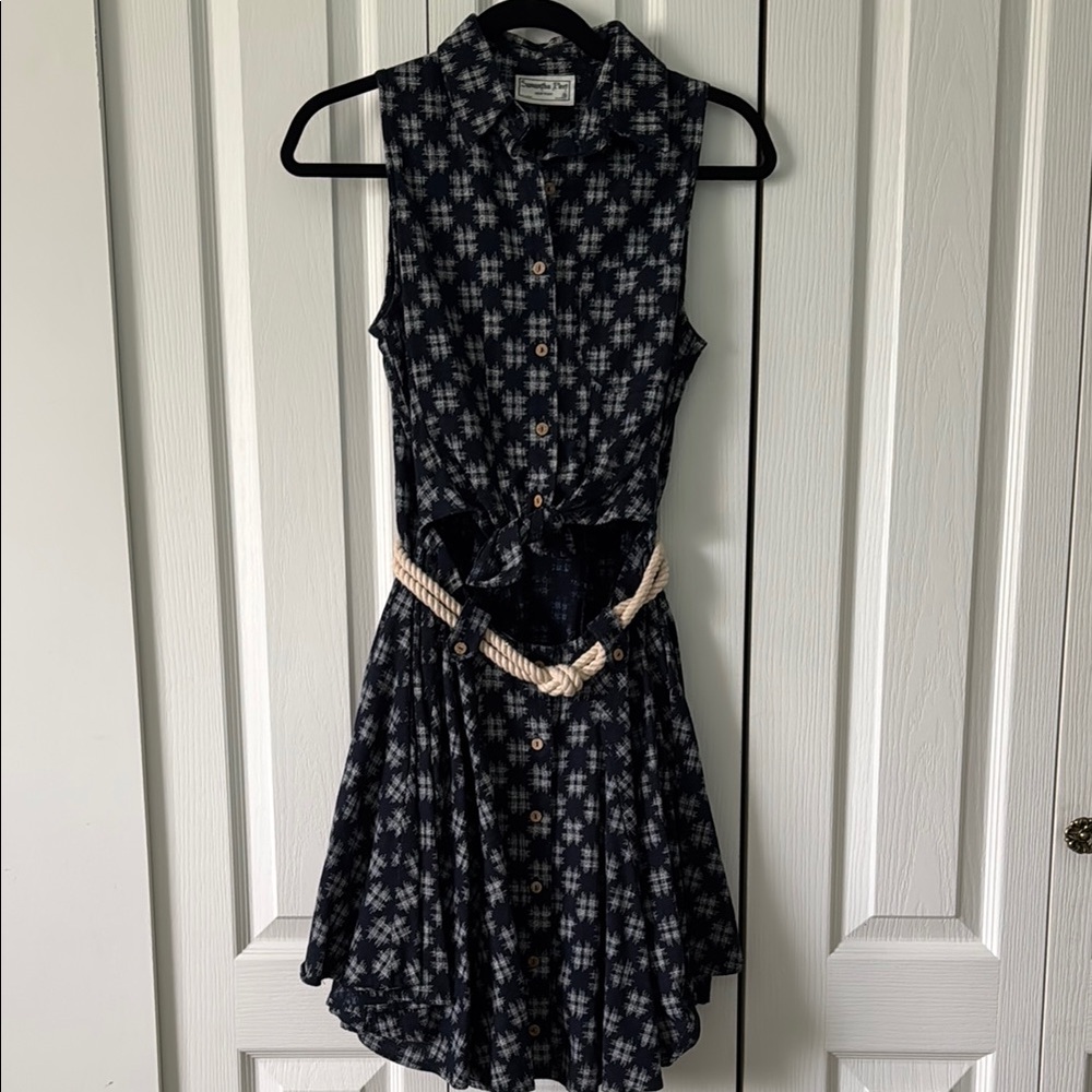 Samantha Pleet Navy Sleeveless collared Dress slit in back with Rope Belt
